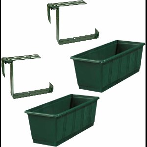 Set van 5 kunststof plantenbakken donkergroen rechthoekig 60 cm met 10 verstelbare railing beugels