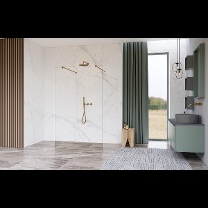 Fortifura Galeria Vrijstaande Inloopdouche - 160x200cm - Rookglas - antikalk - 8mm veiligheidsglas - wandsteunen - Geborsteld Messing PVD (Goud)