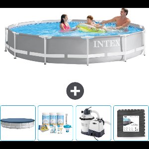 Intex Rond Prism Frame Zwembad - 366 x 76 cm - Grijs - Inclusief Afdekzeil - Onderhoudspakket - Zwembadfilterpomp - Vloertegels