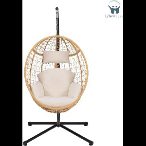 LifeStages - Egg Hangstoel - Stoel Met Opengewerkt Ei - Rotanlook - Met Ecru Kussen