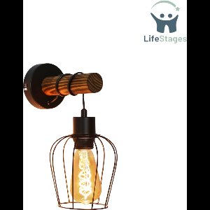 LifeStages - Wandlamp Binnen Met Snoer - Wandlamp Binnen - Hout Vintage Retro Met Schakelaar - Industrieel Ontwerp - E27 - Wandspot Zwart Met 1 Vlam - Metalen Wandspot Voor Slaapkamer, Woonkamer, Hal, Café - Zonder Lamp