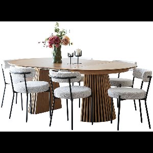 Tokyo eethoek eettafel incl. 2 verlengbladen Ø120x120-160-200cm eikenfineer en 6 stoelen bouclé wit.