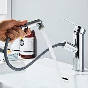 Selbro®, Kraan badkamer armatuur met uittrekbare wastafel kraan met 2 straalsoorten mengkraan geschikt voor opzetwastafel warm koud mengkraan (uittrekbare sproeier zilverkleurig)