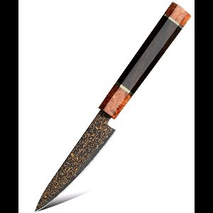 Professioneel Japans Officemes van 37 Lagen Zwart Damascusstaal met Koper – 13 cm – Vlijmscherp & Duurzaam – Handvat in Ebbenhout en Burl Knurl Hout – Geschenkverpakking – KAAMUT®