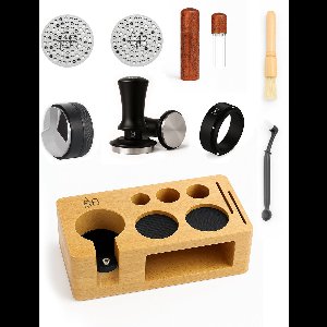 Adore Maison Barista Tools Set - 51mm – Houten Tamper Station – Inclusief Tamper Pro, Espresso Verdeler, WDT Tool, Doseerring, 2 Puck Screens, Schoonmaak Kwast & Mini Kwast – Professionele Koffie Accessoires