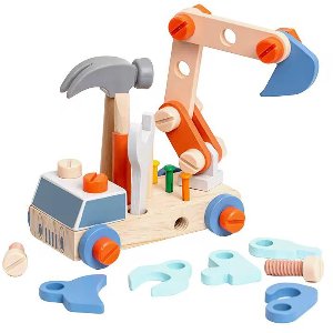 Houten Bouwvoertuig met Gereedschap - Montessori Constructiespeelgoed - Educatief Speelgoed voor Kinderen 3+ Jaar