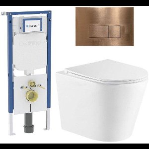 QeramiQ Dely Toiletset - 36.3x51.7cm - diepspoel - rimless - Geberit UP720 inbouwreservoir - softclose toiletzitting - koperen bedieningsplaat - rechtehoekige knoppen - wit glans