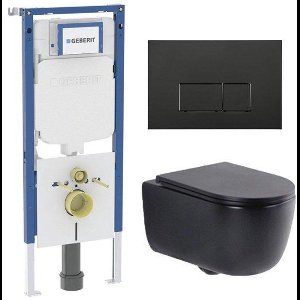 QeramiQ Dely Swirl Toiletset - 36.3x51.7cm - Geberit UP720 Duofix Sigma inbouwreservoir - slim zitting - mat zwarte metalen bedieningsplaat - rechthoekige knoppen - mat zwart