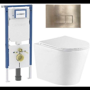 QeramiQ Dely Toiletset - 36.3x51.7cm - diepspoel - rimless - Geberit UP720 inbouwreservoir - softclose toiletzitting - geborsteld messing bedieningsplaat - rechtehoekige knoppen - wit mat