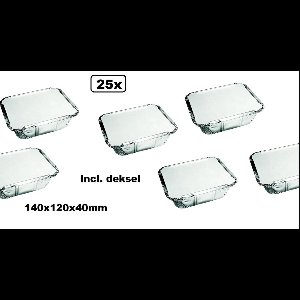 25x Aluminium schaal met deksel 140x120x40mm - snack shoarma festival thema friet vlees patat warmhoud bak