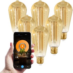 HOFTRONIC - Set van 6 Smart Gloeilampen - 7 Watt 806 Lumen - Kooldraadlampen - ST64 Edison Amberkleurig - 1800-3000K - Dimbaar - E27 Filament - Bedienbaar via Google Home & Amazon Alexa