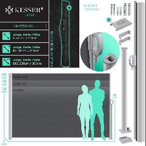 KESSER® Aluminium Zijzonwering Uitschuifbaar & Ondoorzichtig | Tuinzonwering & Windbescherming met automatische intrekking
