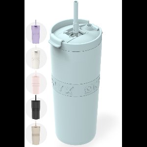 ONYX Drinkfles met Rietje 700ML - Waterfles voor Kinderen & Volwassenen - Thermosbeker RVS Travel Mug - Motiverende Drinkbus - Drinkbeker voor School - Pastel Blue