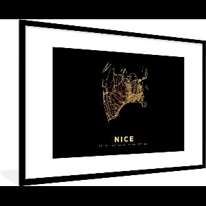 Fotolijst incl. Poster - Nice – Frankrijk - Goud - Kaart – Stadskaart – Plattegrond - 120x80 cm - Posterlijst