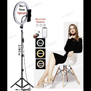 FAIRCO® 10" Ringlamp met Statief 210Cm Inclusief Bluetooth afstandsbediening en SPIEGEL - LED Ring Light 26Cm - LED Ringlamp - Flitser - Make-up light - Studiolamp - Youtube - TikTok