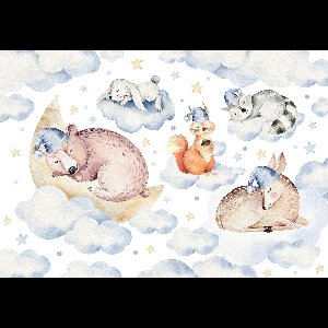 Fotobehang - Vlies Behang - Slapende Bosdieren in de Wolken - Kinderbehang - 416 x 290 cm