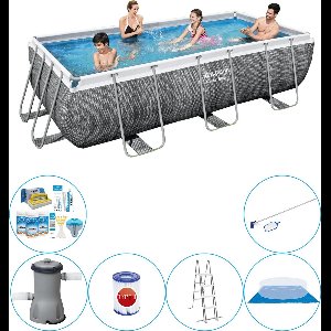 Power Steel Rechthoek Rattan 404x201x100 cm - 7-delig - Zwembad Combinatie Pakket