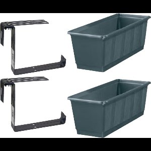 Set van 5 kunststof plantenbakken grijs rechthoekig 60 cm met 10 verstelbare railing beugels