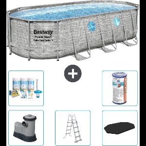 Bestway Ovaal Power Steel Swim Vista Zwembad - Steenprint - 549 x 274 x 122 - Inclusief Pomp - Ladder - Afdekzeil Onderhoudspakket - Filter
