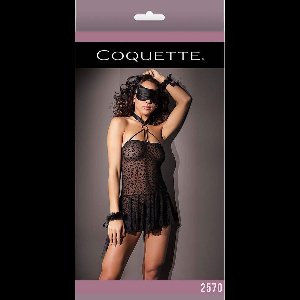 Kitty Leopard Babydoll with Cuffs & Eye Mask - Black - OS