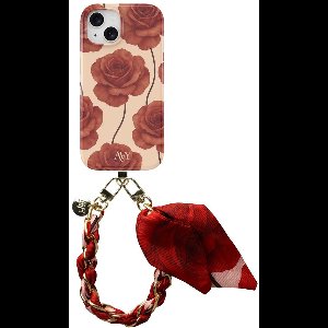 AVY Hoesje Met Telefoonkoord | Geschikt voor Apple iPhone 13 / 14 | Compatibel met MagSafe | Hard Shell Back Cover | Stijlvol Bijpassend Koord 32CM | Botanique Roses | Rood