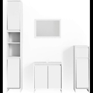 Luxe Badkamermeubelset Emma Wit – 4-Delige Moderne Badkamerset met Spiegelkast, Wastafelonderkast, Midi Kast en Hoge Kast – Greeploos Design & Veel Opbergruimte