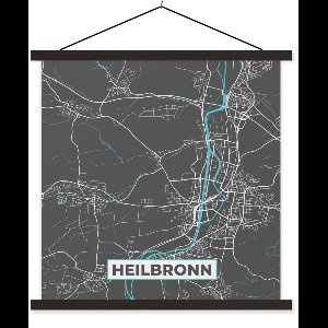 Posterhanger incl. Poster 90x90 cm - Schoolplaat - Duitsland – Blauw – Heilbronn – Stadskaart – Kaart – Plattegrond - Textielposter - Zwarte latten - Stadskaart