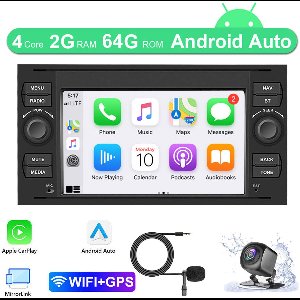Bluetooth autoradio - 7-inch Android 15 GPS-navigatiesysteem, compatibel met Ford Transit 2006-2011, 4GB+64GB. Ondersteunt CarPlay, Android Auto, wifi, Bluetooth, FM/RDS, autoradio, stuurwielbediening, smartphoneconnectiviteit en splitscreen-functie.