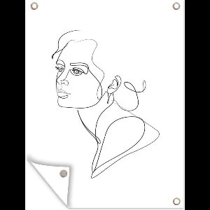 Muurdecoratie buiten Abstracte line art van het portret van een vrouw op een witte achtergrond - 120x160 cm - Tuindoek - Buitenposter