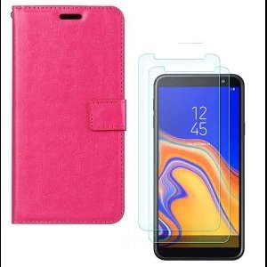 hoesje Geschikt voor: Samsung Galaxy J6 2018 Portemonnee roze met 2 stuks Glas Screen protector