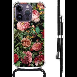 Hoesje met koord - Geschikt voor iPhone 14 Pro Max - Rode bloemen - Verstelbaar zwart koord - Transparant - Bloemen - Leuke Telefoonhoesjes