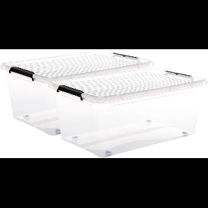 5Five opberg kist met deksel - 2x - Clip Box - 40 liter - 58 x 39 x 25 cm - kunststof - transparant