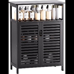 Vloerkast voor Badkamer en Keuken - Bamboe - Zwart - 2 Deuren en Open Planchet