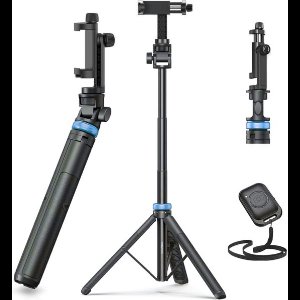 Sounix Telefoon Statief - SelfieStick Tripod met Bluetooth Afstandsbediening - tot 158 cm hoog - Tripod Smartphone - Action Camera Statief - Blauw/Zwart
