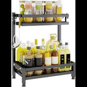 Staand Aanrecht Kruidenrek - 2-Laags Keuken Kruiden Opberg Organisatie Stand - Keuken Aanrecht Kruidenrek - Hoek Kruidenrek Voor Kruiden - Kruidenpothouder Met 4 Haken - Zwart