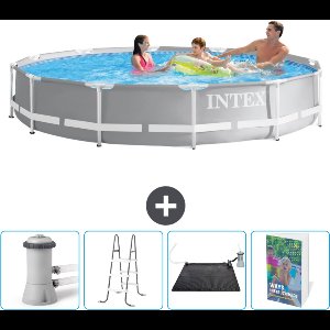 Intex Rond Prism Frame Zwembad - 366 x 76 cm - Grijs - Inclusief Zwembadfilterpomp - Ladder - Solar Mat - Zwembadgids