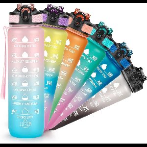 Motiverende waterfles met tijdmarkering - 1 liter - lekvrij en BPA-vrij - sportfles met rietje en draagriem - drinkfles voor onderweg