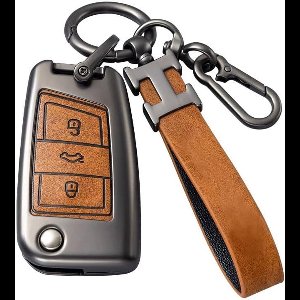 Cosensi - Sleutelhoes Zinklegering met Lederen Couvering voor VW Golf 7, 3 Knoppen, Compatibel met MK7 Polo T-ROC Tiguan, Skoda Superb Octavia, Seat Leon Ibiza - Bruin Sleutel Shell, Beschermhoes Auto Key Cover