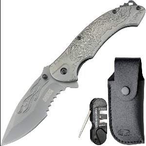 AdroitGoods Zwart RVS zakmes met draakgravure – outdoor & survivalmes inclusief hoes - Opvouwbaar outdoor-mes – 19 cm totaal, 9 cm lemmet, hoogwaardig 3CR13 staal, 3.5 mm lemmetdikte - Volledig stalen constructie