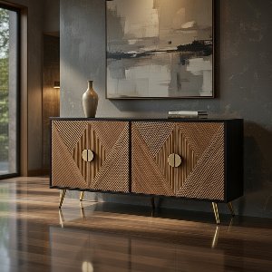 Sideboard 160 cm Zwart met Houtstructuur – Luxe Opbergkast met 4 Deuren, Soft-Close Scharnieren, Gouden Handgrepen & Poten – Modern Design Woonkamer Dressoir – House&Garden
