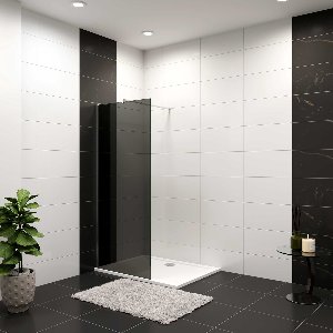 Aica Industriële douchewand 140x200 cm 8 mm NANO gehard glas met zwarte veiligheidsfolie 70-120cm inkortbaar stabilisatiestang glanzend chroom dubbele veiligheidswaarborg