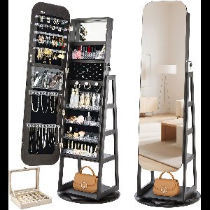 VEVOR 360° Draaibare Sieradenkast (1.6 m Hoog) met Spiegel over de Volledige Lengte en Opbergruimte, Sieradenkastorganizer met 2 Sleutels, Accessoirevakken en Opbergvakken, Sieradenopbergruimte