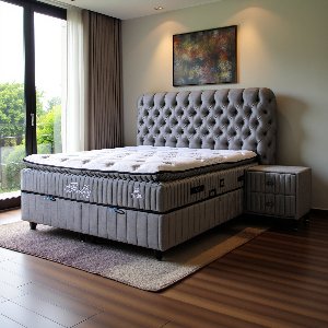 BSS Bedding Fluffy - Boxspring - Complete Boxspring - 140x200 - Boxspring met Opbergruimte - Bed Boxspring Set - Bed Set met Matras - Slaapkamerbed - 1 x Matras met Topper - 2 x Bedbox - 1 x Hoofdbord - Grijs