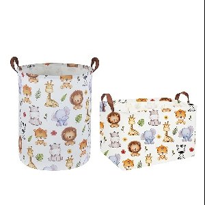 2 Stuks Wasmanden met Cartoon Dierenprint en Leren Handvatten – Duurzame Polyester Opbergmanden voor Slaapkamer, Badkamer of Speelkamer – Leeuw & Giraffe – Leuke Woondecoratie of Cadeau-idee