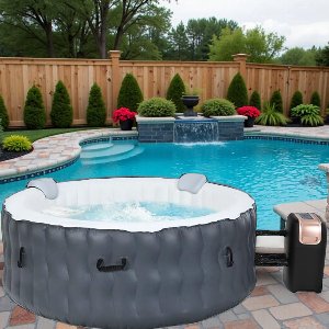 Opblaasbare Bubbelbad Spa – Luxe 4-Persoons Draagbare Ronde Spa met 108 Massagebubbeljets, Krachtige Verwarming, Zwembadcover en Grondzeil – Binnen & Buiten Gebruik – Grijs (Updated Version, 180 x 68 cm)