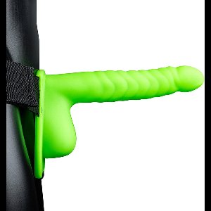 Glow in the Dark Ribbed Hollow Strap-On with Balls - 8 / 21 cm
