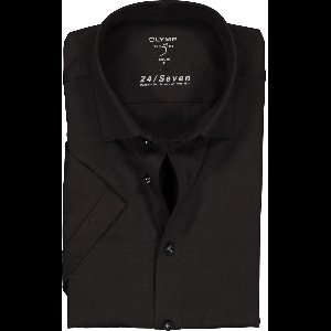 OLYMP Level 5 24/Seven body fit overhemd - korte mouw - zwart tricot - Strijkvriendelijk - Boordmaat: 40