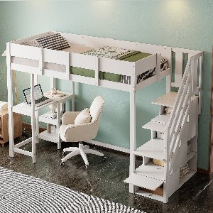 Hoogslaper met opbergruimte - 90 x 200 cm - met plank - massief houten bedframe met lattenbodem - wit - zonder matras