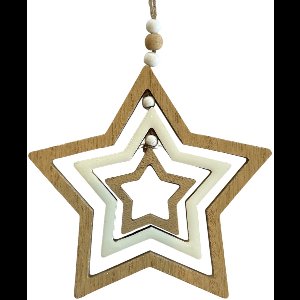 Houten Kerst Hanger Ster – 16 cm – Natuurlijke Houtkleur & Wit – FSC Hout
