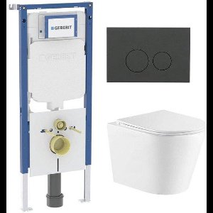 QeramiQ Dely Toiletset - 36.3x51.7cm - diepspoel - rimless - Geberit UP720 inbouwreservoir - softclose toiletzitting - bedieningsplaat mat antraciet - ronde knoppen - wit glans